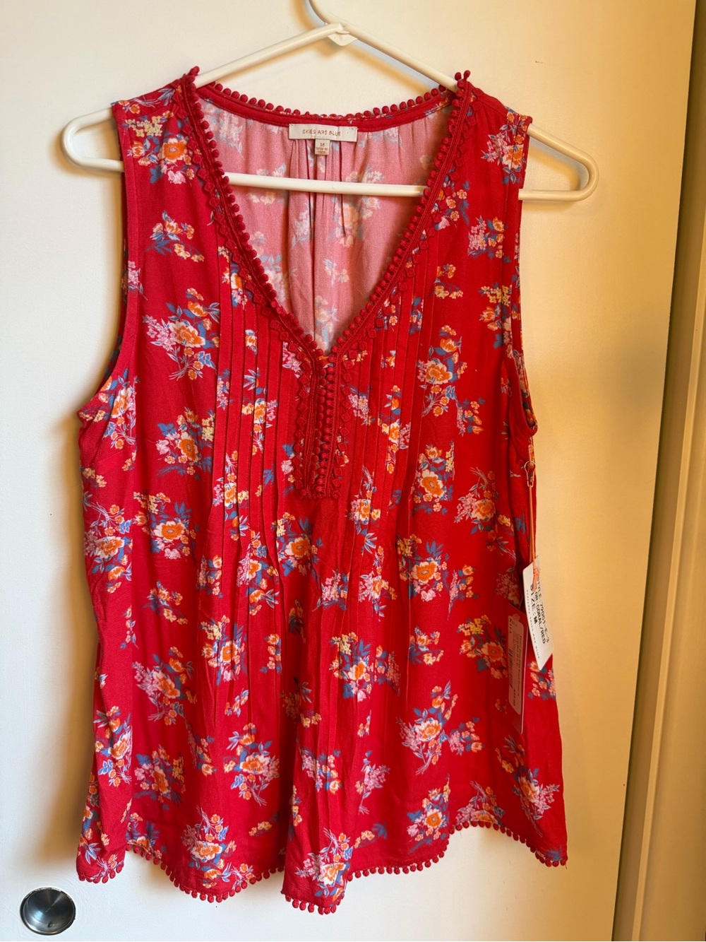 Skies Are Blue Red Floral V-Neck Pom-Trim Camisole